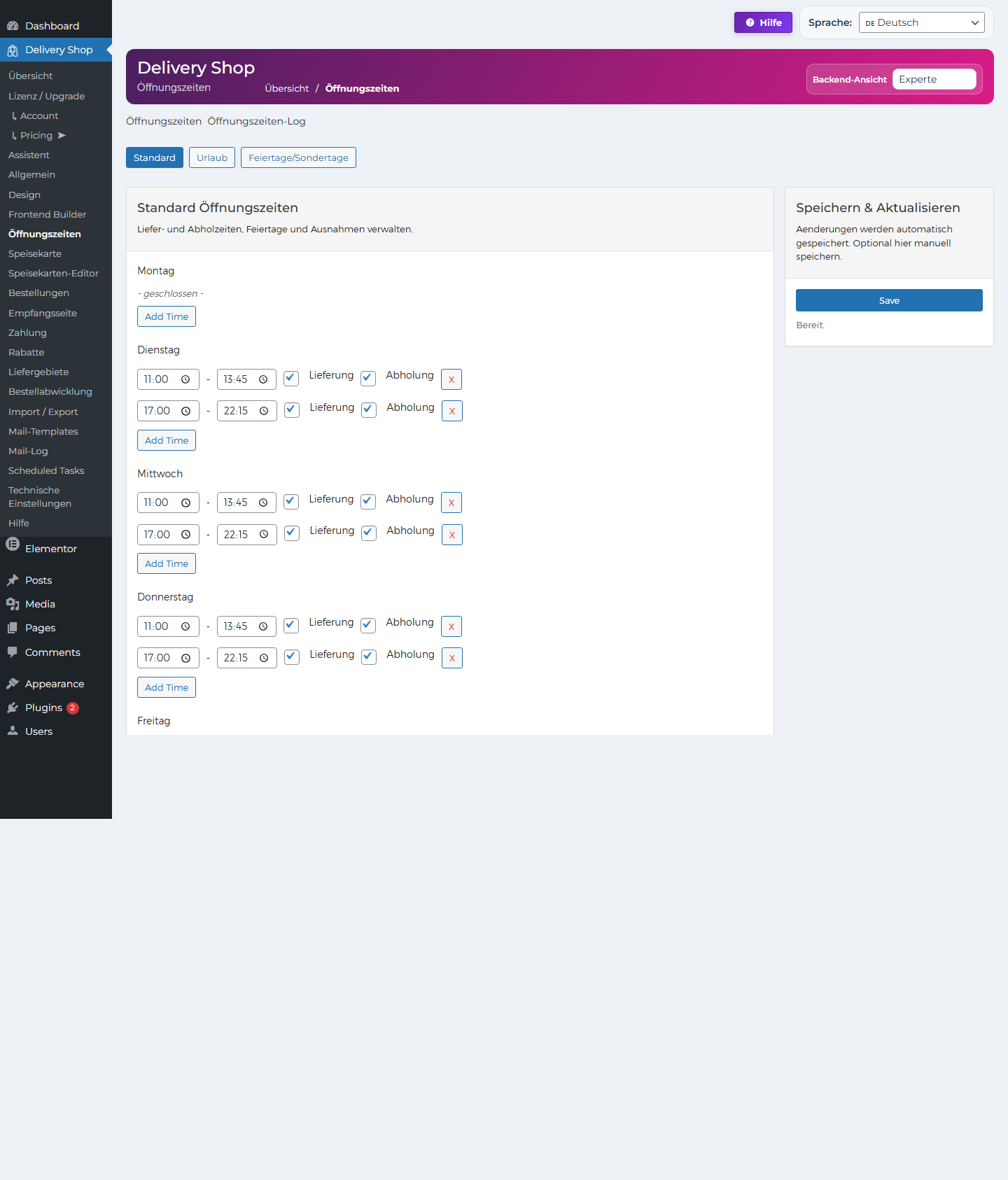 DeliveryKing Oeffnungszeiten im WordPress Backend