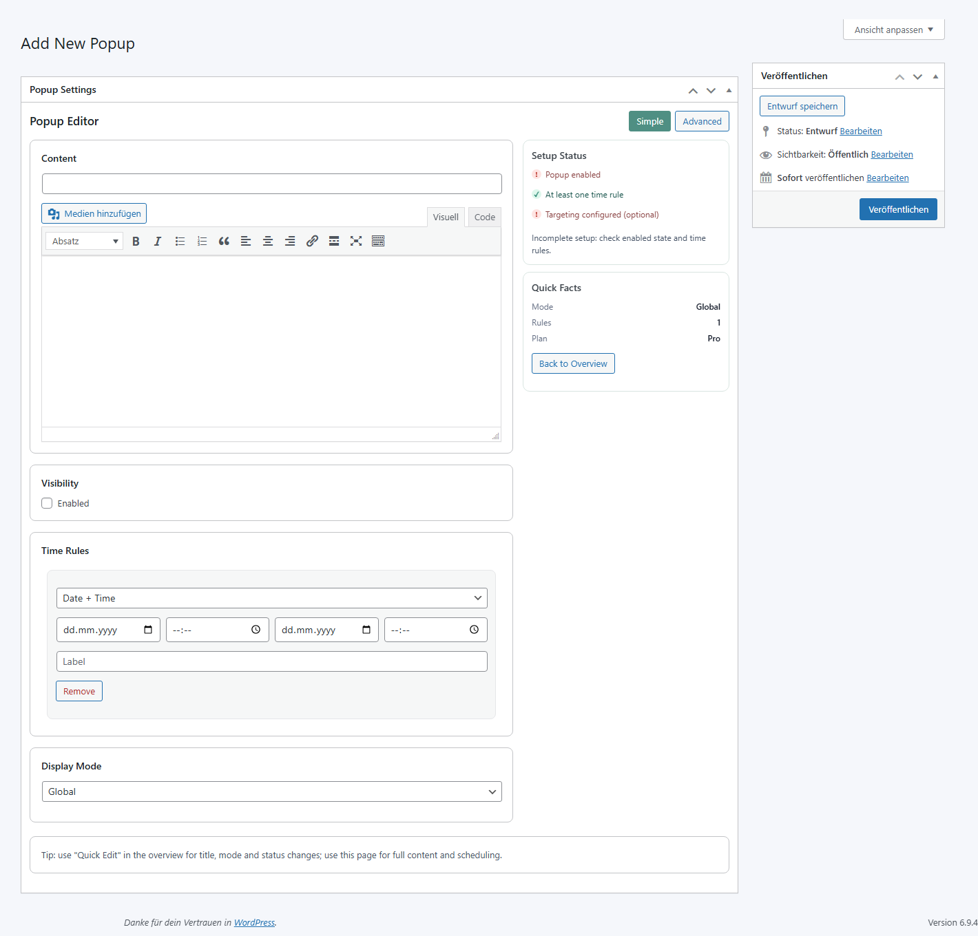 Popup Manager editor