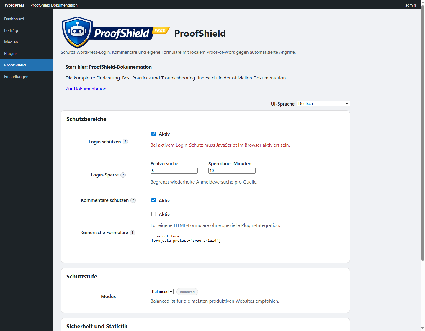 ProofShield settings overview in the WordPress admin